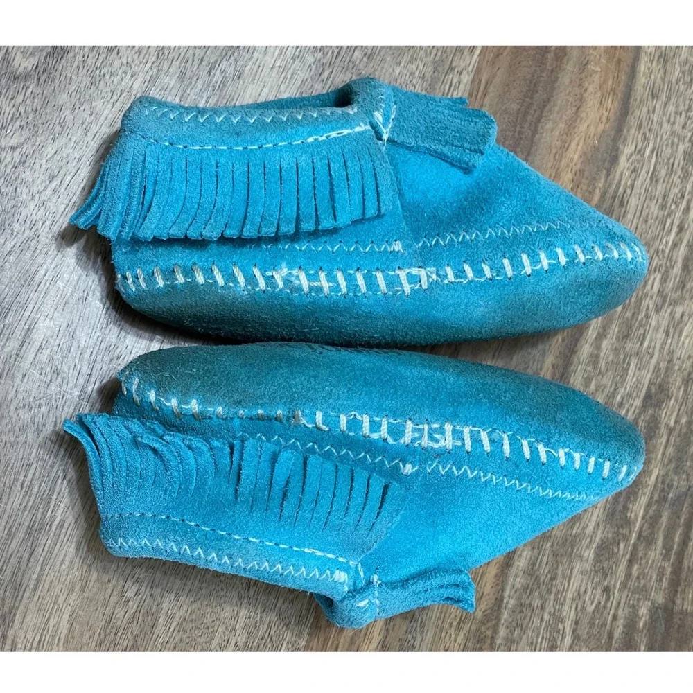 Minnetonka Riley Moccasins Fringe Suede 6 Toddler Turquoise  1166